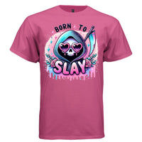 BORN TO SLAY graphic tee white front, cute reaper slay confidence tee for women Project Hood