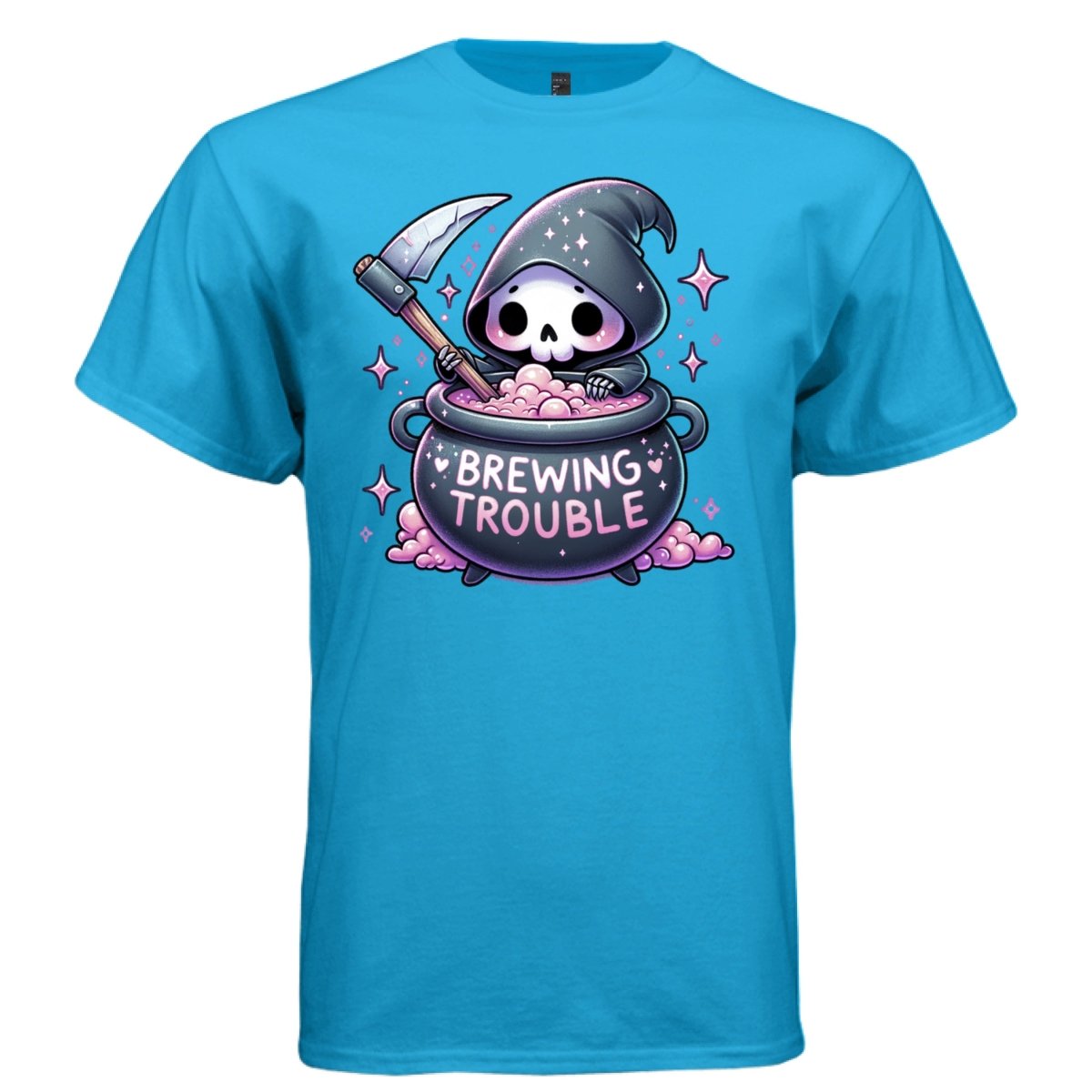 BREWING TROUBLE graphic tee light steel front, cute reaper witch cauldron tee Project Hood