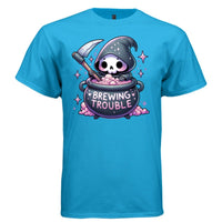 BREWING TROUBLE graphic tee light steel front, cute reaper witch cauldron tee Project Hood