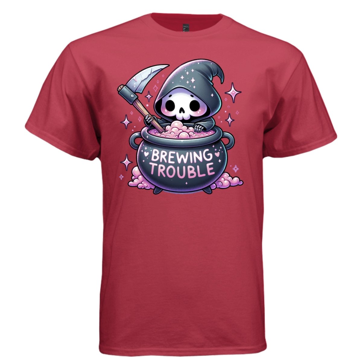 BREWING TROUBLE graphic tee navy front, cute witch cauldron goth tee for her Project Hood