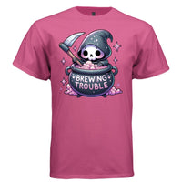 BREWING TROUBLE graphic tee white front, cute reaper witch cauldron tee for women Project Hood