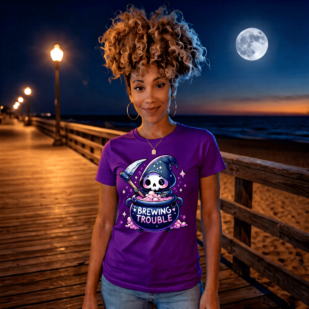 BREWING TROUBLE cute pastel goth reaper witch cauldron graphic tee for women Project Hood