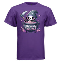 BREWING TROUBLE graphic tee black front, cute goth reaper witch cauldron tee Project Hood