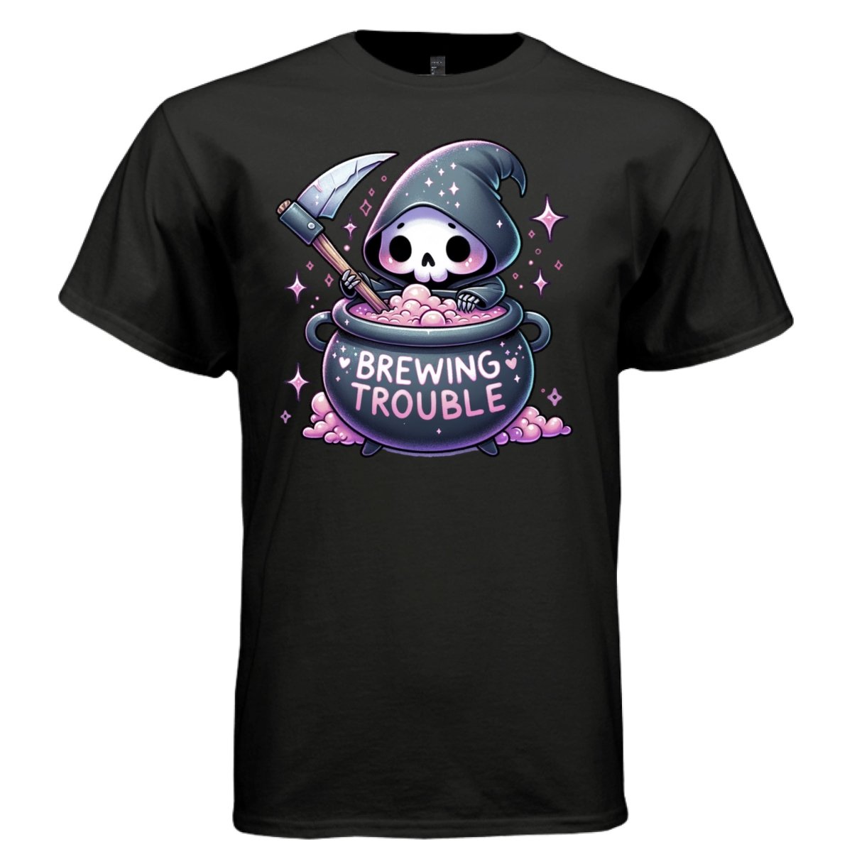BREWING TROUBLE graphic tee sand front, cute pastel goth witch cauldron tee Project Hood