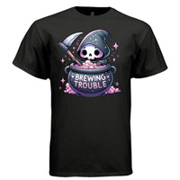 BREWING TROUBLE graphic tee sand front, cute pastel goth witch cauldron tee Project Hood