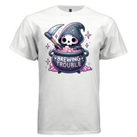 BREWING TROUBLE graphic tee pink front, cute witch cauldron reaper tee for her Project Hood