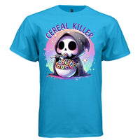 CEREAL KILLER graphic tee light steel front, cute reaper cereal pun tee Project Hood
