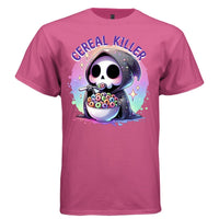 CEREAL KILLER graphic tee white front, cute reaper cereal pun tee for women Project Hood