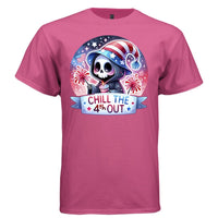 CHILL THE 4TH OUT graphic tee white front, cute reaper 4th of july tee for women Project Hood