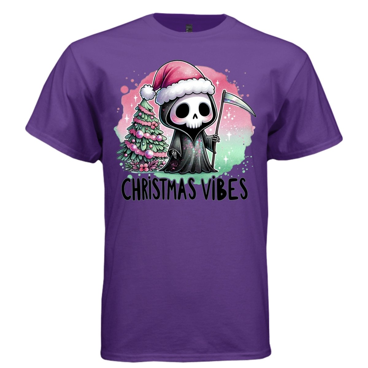 CHRISTMAS VIBES graphic tee black front, cute goth reaper christmas tee Project Hood