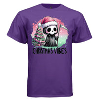 CHRISTMAS VIBES graphic tee black front, cute goth reaper christmas tee Project Hood