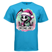 CHRISTMAS VIBES graphic tee light steel front, cute reaper christmas santa coffee tee Project Hood