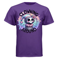 CLOWNING AROUND graphic tee black front, cute goth reaper pastel clown tee Project Hood