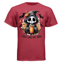 COLD LIKE MY SOUL graphic tee navy front, cute iced coffee halloween goth tee for her Project Hood