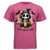 COLD LIKE MY SOUL graphic tee white front, cute reaper iced coffee halloween tee for women Project Hood