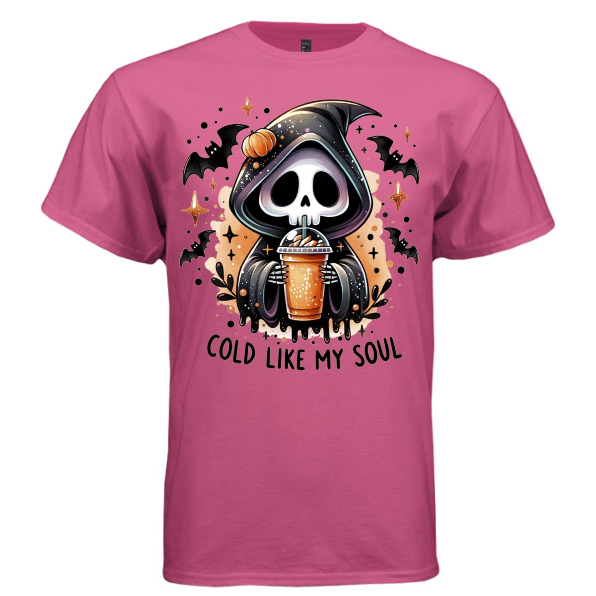 COLD LIKE MY SOUL graphic tee white front, cute reaper iced coffee halloween tee for women Project Hood