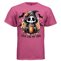 COLD LIKE MY SOUL graphic tee white front, cute reaper iced coffee halloween tee for women Project Hood