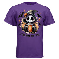 COLD LIKE MY SOUL graphic tee black front, cute goth reaper iced coffee halloween tee Project Hood