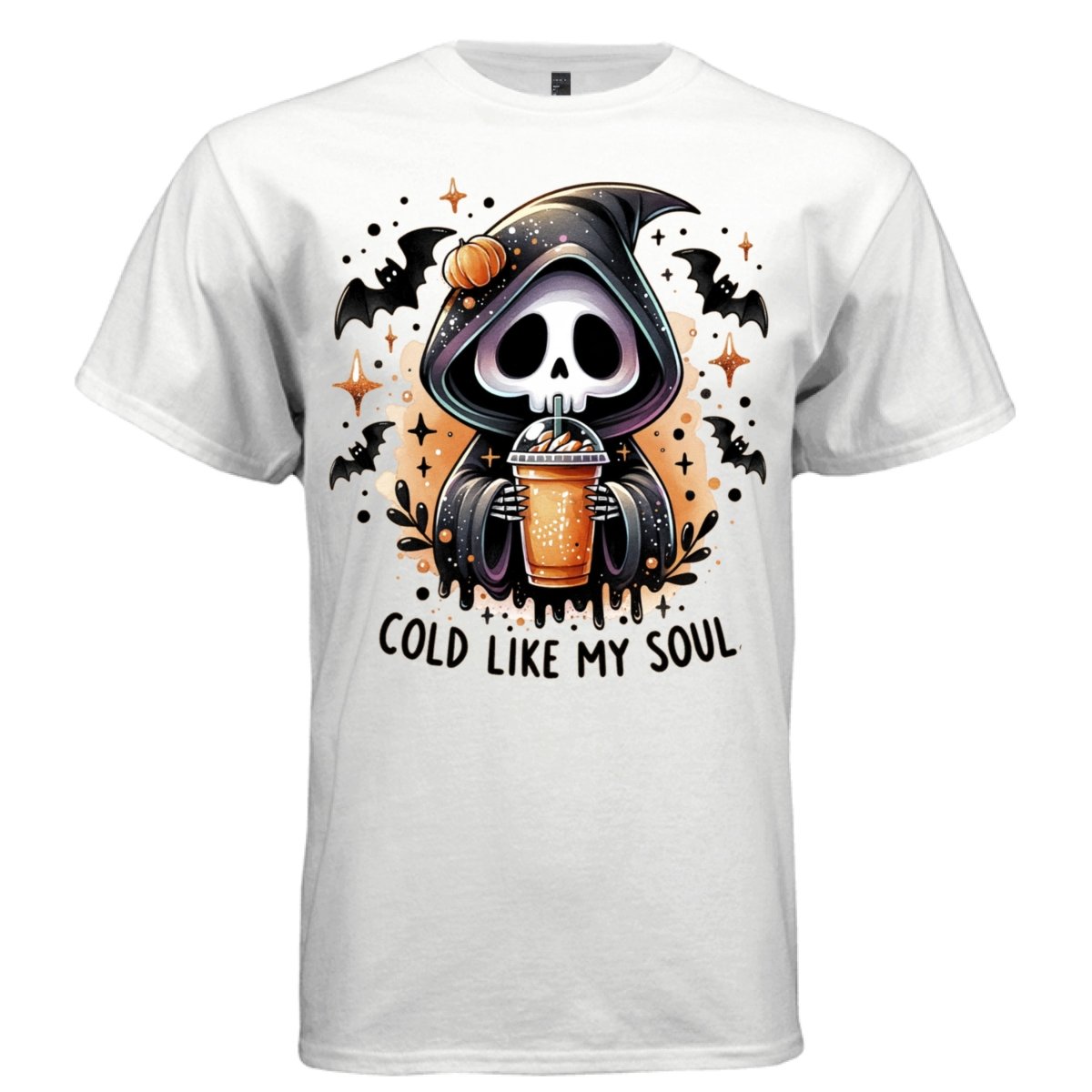 COLD LIKE MY SOUL graphic tee pink front, cute iced coffee halloween reaper tee for her Project Hood