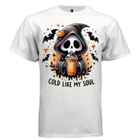 COLD LIKE MY SOUL graphic tee pink front, cute iced coffee halloween reaper tee for her Project Hood