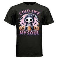 COLD LIKE MY SOUL graphic tee sand front, cute pastel goth pink glitter iced coffee tee Project Hood