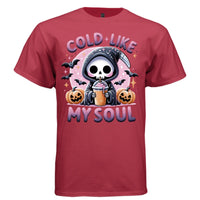 COLD LIKE MY SOUL graphic tee navy front, cute pink glitter iced coffee goth tee for her Project Hood
