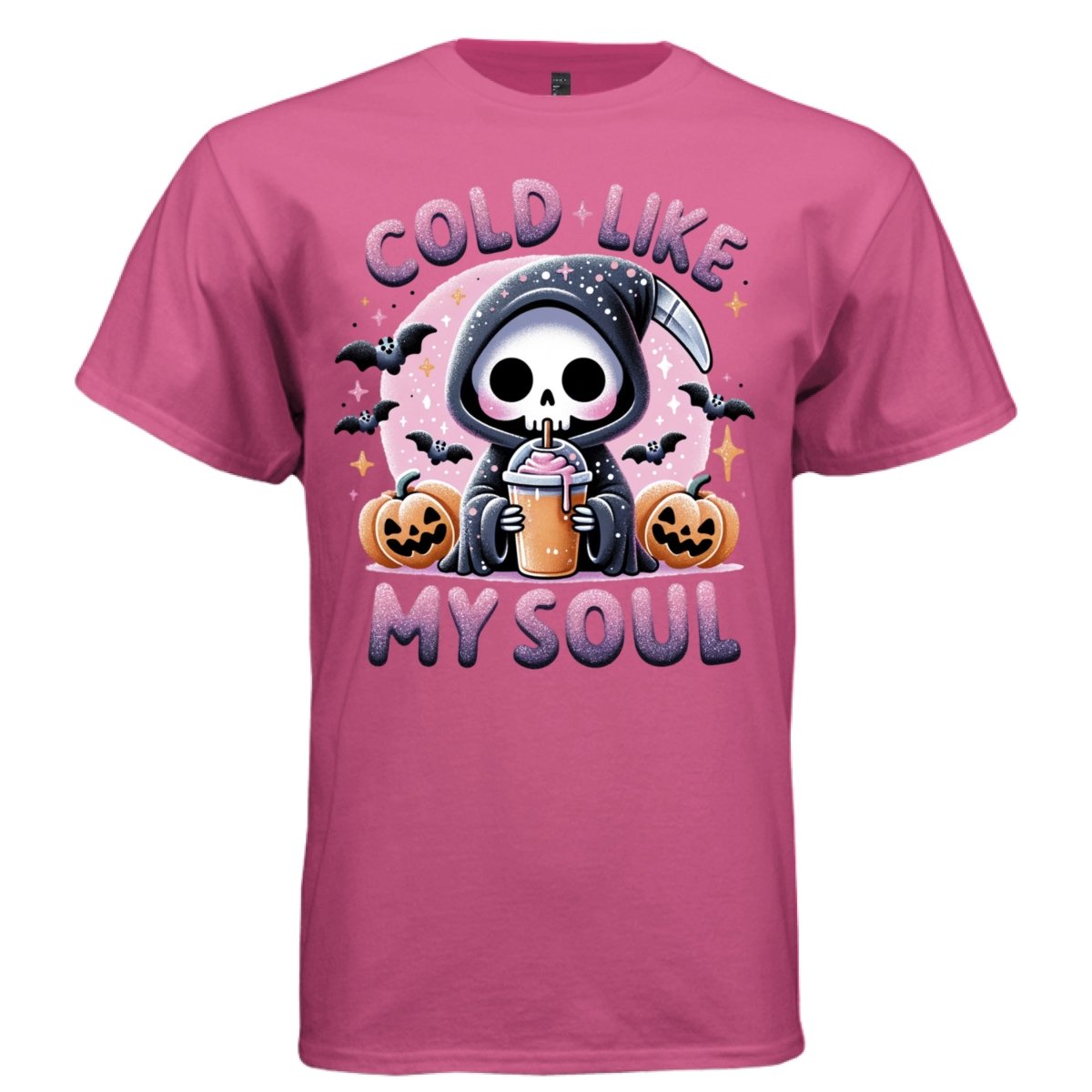 COLD LIKE MY SOUL graphic tee white front, cute reaper pink glitter iced coffee tee for women Project Hood