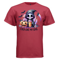 COLD LIKE MY SOUL graphic tee navy front, cute purple pumpkin iced coffee goth tee for her Project Hood