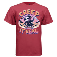 CREEP IT REAL graphic tee navy front, cute skateboard halloween goth tee for her Project Hood