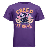 CREEP IT REAL graphic tee black front, cute goth reaper skateboard halloween tee Project Hood
