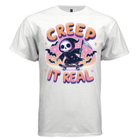 CREEP IT REAL graphic tee pink front, cute skateboard halloween reaper tee for her Project Hood
