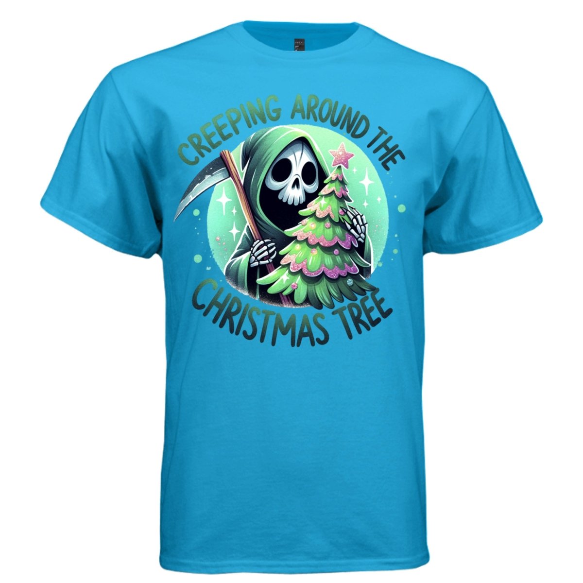 CREEPING AROUND THE CHRISTMAS TREE graphic tee light steel front, cute reaper christmas tree tee Project Hood