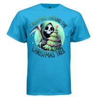 CREEPING AROUND THE CHRISTMAS TREE graphic tee light steel front, cute reaper christmas tree tee Project Hood