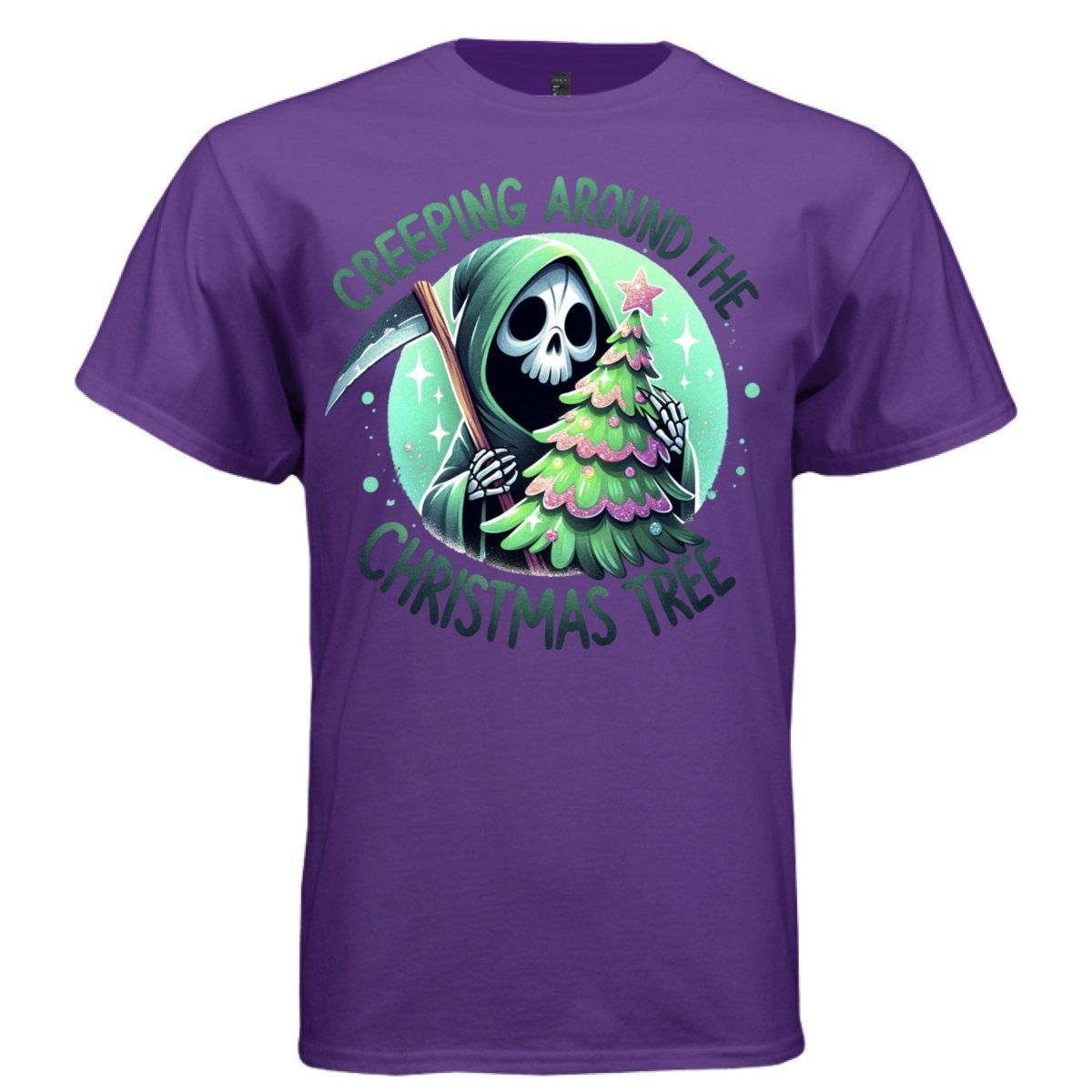 CREEPING AROUND THE CHRISTMAS TREE graphic tee black front, cute goth reaper christmas tree tee Project Hood