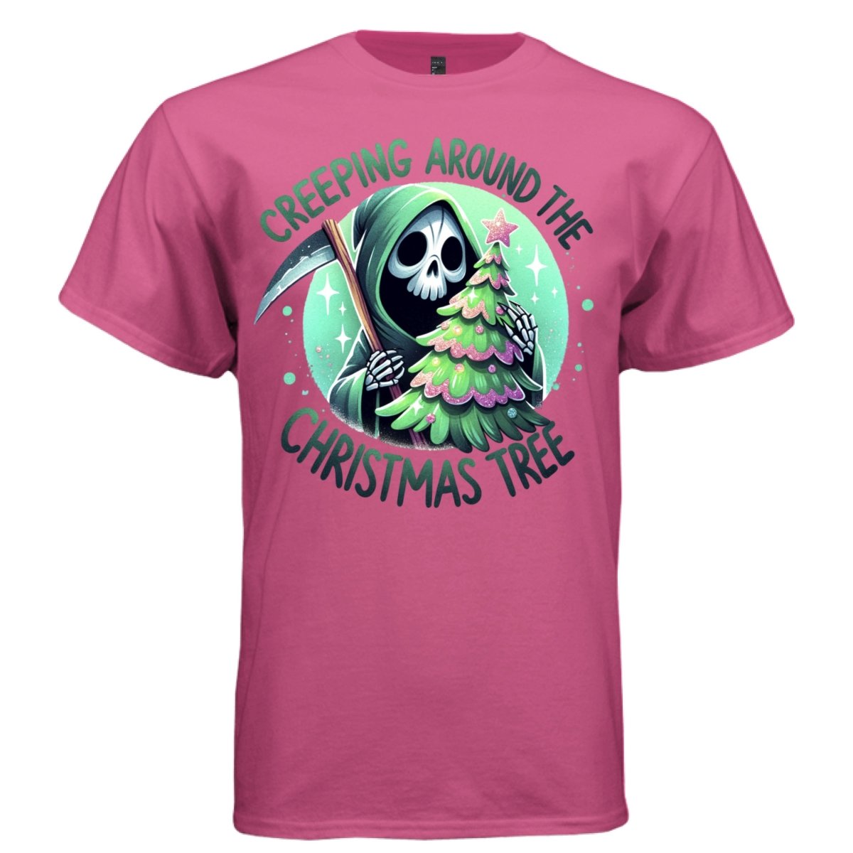 CREEPING AROUND THE CHRISTMAS TREE graphic tee white front, cute reaper christmas tree tee for women Project Hood