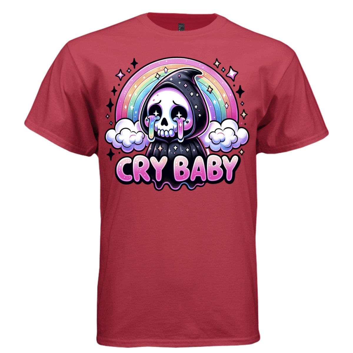 CRY BABY graphic tee navy front, cute rainbow tears goth tee for her Project Hood