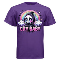 CRY BABY graphic tee black front, cute goth reaper rainbow tears tee Project Hood