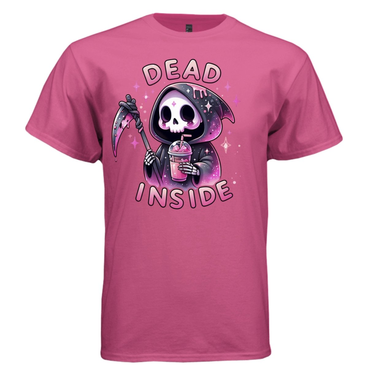 DEAD INSIDE graphic tee white front, cute reaper pink iced drink tee for women Project Hood