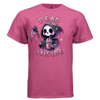 DEAD INSIDE graphic tee white front, cute reaper pink iced drink tee for women Project Hood
