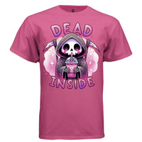 DEAD INSIDE graphic tee white front, cute reaper pink glitter iced drink tee for women Project Hood