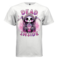 DEAD INSIDE graphic tee pink front, cute pink glitter iced drink reaper tee for her Project Hood