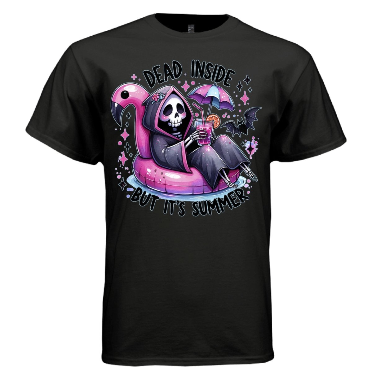 DEAD INSIDE BUT IT'S SUMMER graphic tee sand front, cute pastel goth flamingo pool float tee Project Hood