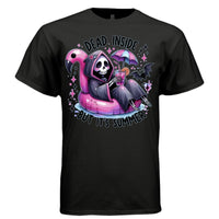 DEAD INSIDE BUT IT'S SUMMER graphic tee sand front, cute pastel goth flamingo pool float tee Project Hood
