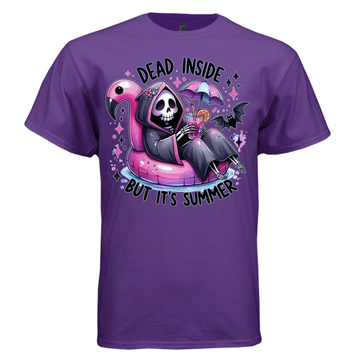 DEAD INSIDE BUT IT'S SUMMER graphic tee black front, cute goth reaper flamingo pool float tee Project Hood
