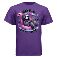 DEAD INSIDE BUT IT'S SUMMER graphic tee black front, cute goth reaper flamingo pool float tee Project Hood