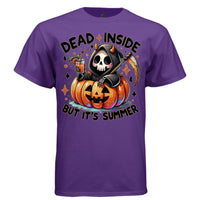 DEAD INSIDE BUT IT'S SUMMER graphic tee black front, cute goth reaper orange pumpkin summer drink tee Project Hood