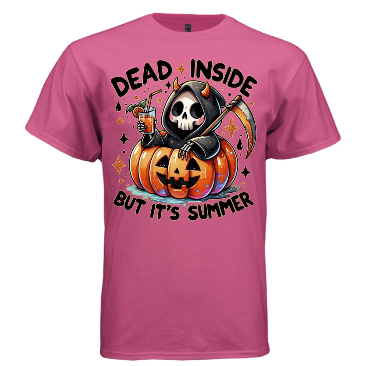 DEAD INSIDE BUT IT'S SUMMER graphic tee white front, cute reaper orange pumpkin summer drink tee for women Project Hood
