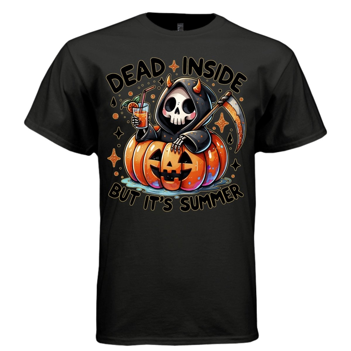DEAD INSIDE BUT IT'S SUMMER graphic tee sand front, cute pastel goth orange pumpkin summer drink tee Project Hood