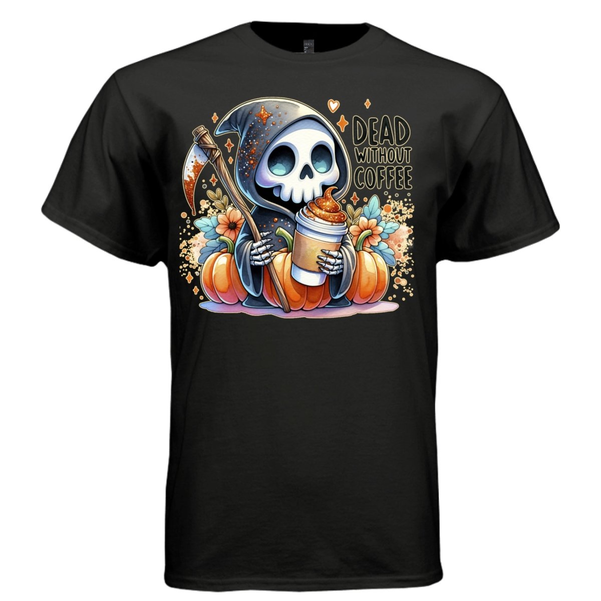 DEAD WITHOUT COFFEE graphic tee sand front, cute pastel goth pumpkin fall coffee tee Project Hood