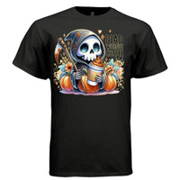 DEAD WITHOUT COFFEE graphic tee sand front, cute pastel goth pumpkin fall coffee tee Project Hood